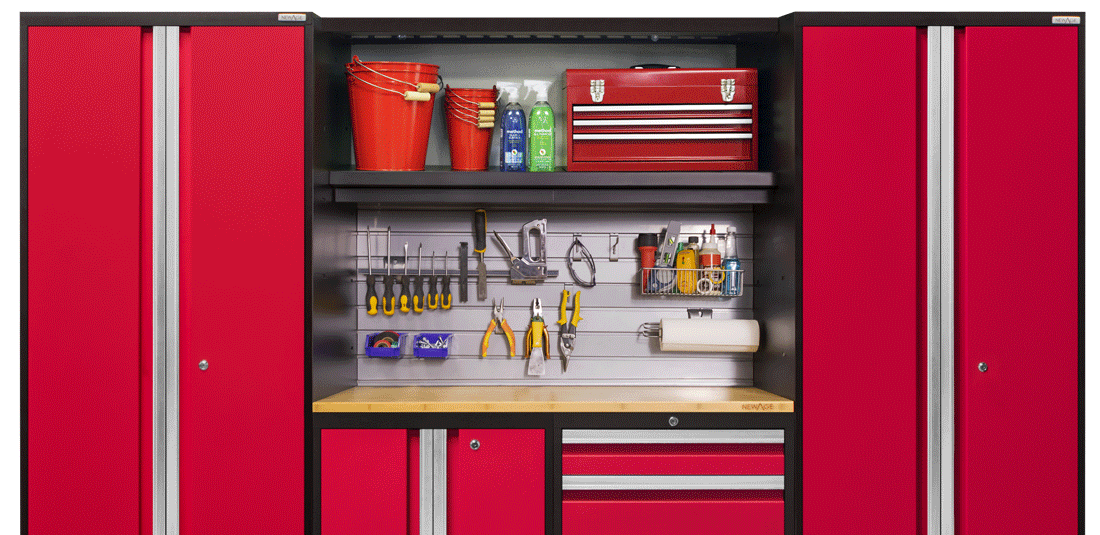 NewAge Products Bold Series Red 8 Piece Cabinet Set, Heavy Duty 24-Gauge  Steel Garage Storage System, Slatwall and Hook Kit Included