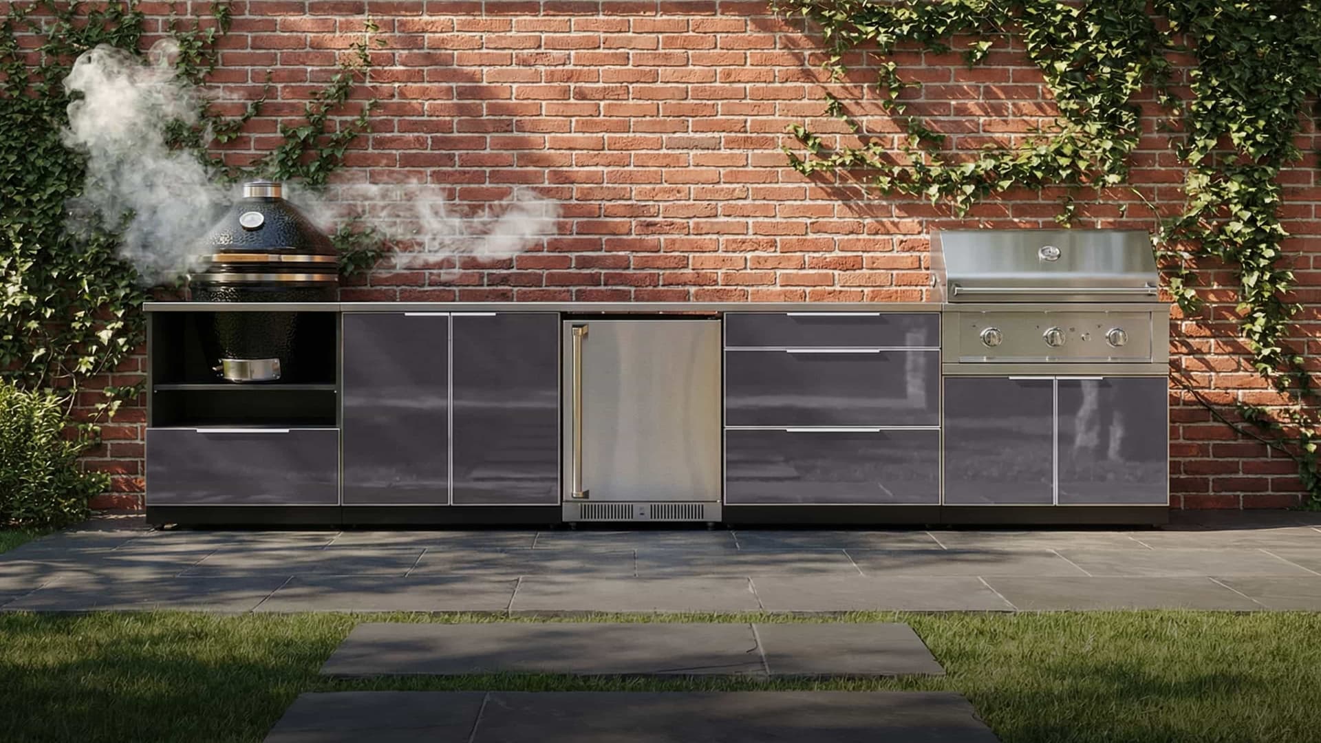 NewAge outdoor kitchen in slate grey with a smoking kamado grill, outdoor fridge, storage drawers and built-in gas grill along an ivy-covered brick wall