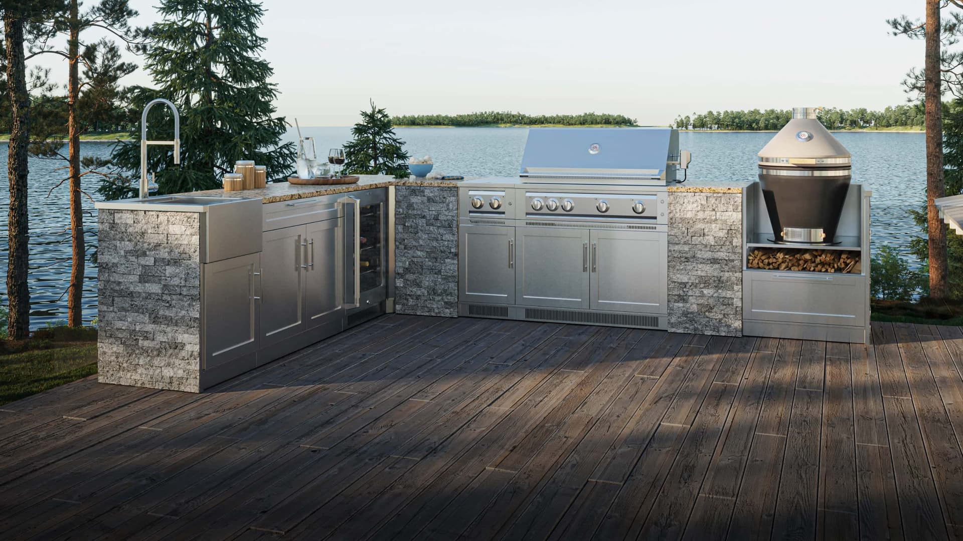 NewAge slate grey outdoor kitchen with a kamado grill, outdoor fridge and built-in gas grill