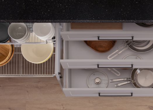 grey cabinets with organizers